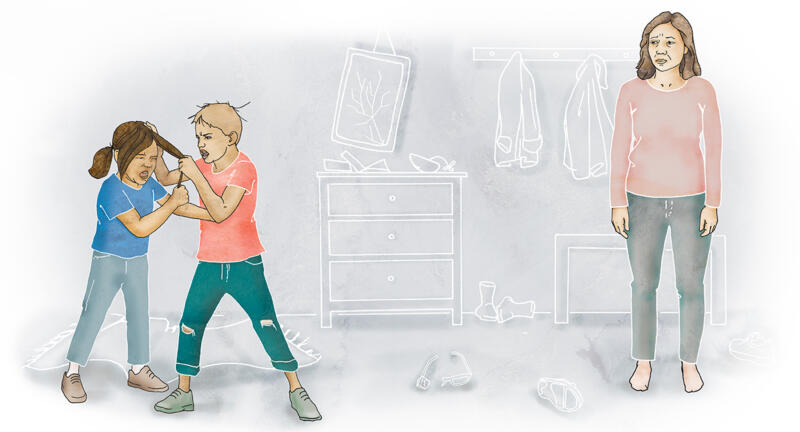 Illustration med en uppgiven mammas som observerar sina barn som slåss
