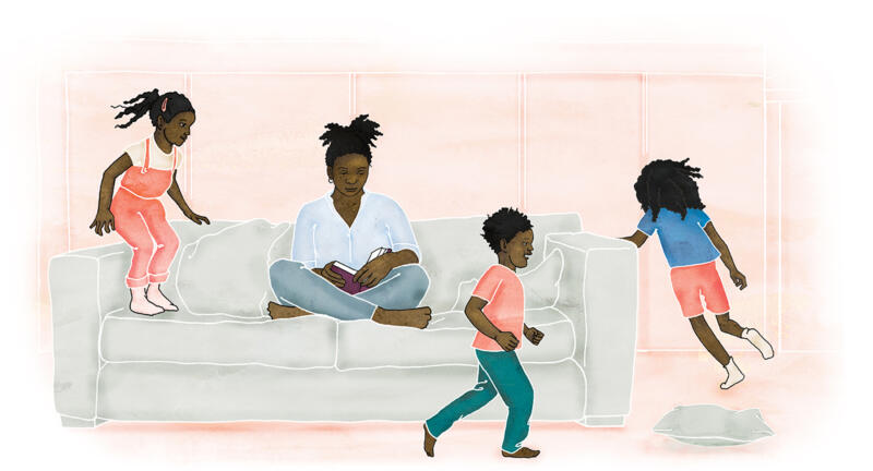 Illustration av kvinna som försöker läsa i lugn och ro med tre barn som springer omkring och leker