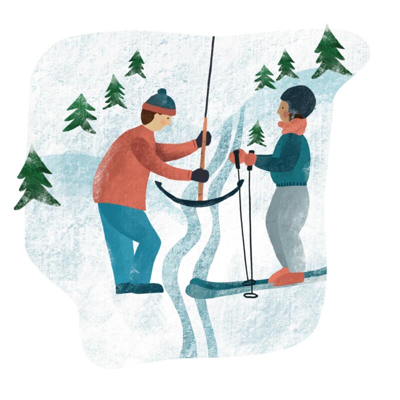 Illustration föreställande skidåkare i lift