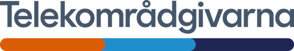 Grafitgrå text av Telekområdgivarna och orange/cyanblått/marinblått streck.