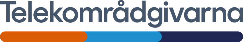 Grafitgrå text av Telekområdgivarna och orange/cyanblått/marinblått streck.