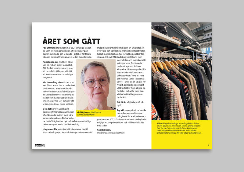 Sida ur digital verksamhetsberättelse 2021 för Emmaus Stockholm