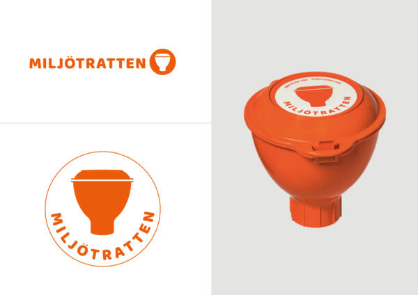 Logga för Miljötratten, två varianter med orange text och symbol på vit bakgrund samt ett foto på själva produkten