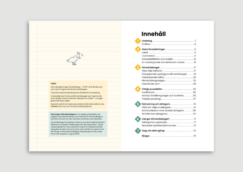 Uppslag med tryckortsida och innehåll i boken Klimatrådslag