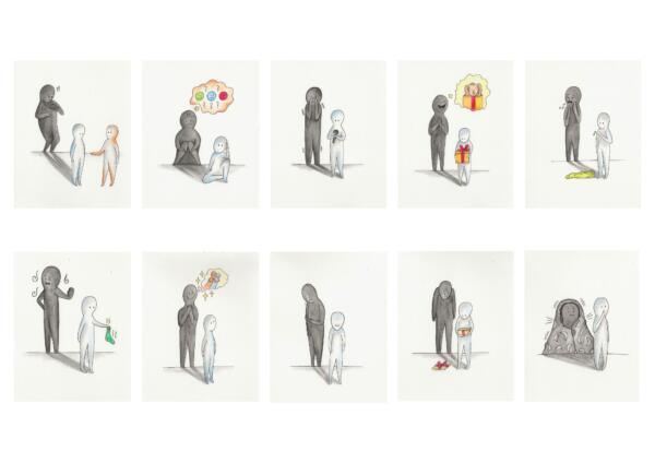 En könsneutral gubbe med skugga som visar olika känslouttryck.