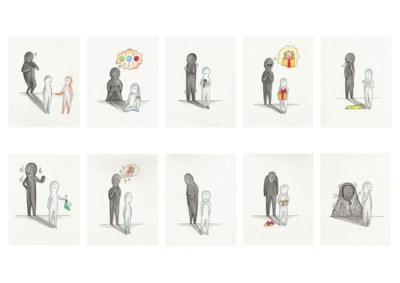 En könsneutral gubbe med skugga som visar olika känslouttryck.