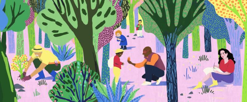 Färgglad illustration som föreställer en skog med karaktärer som planterar, ritar och lär sig saker. 