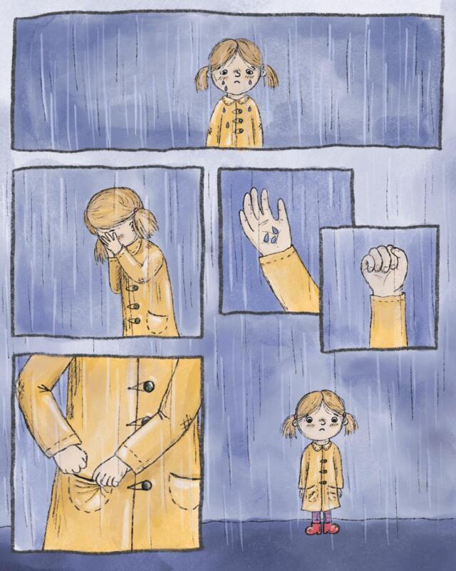 Från serien Ledsna Linnéa, uppslaget föreställer ett barn som står i regnet och gråter