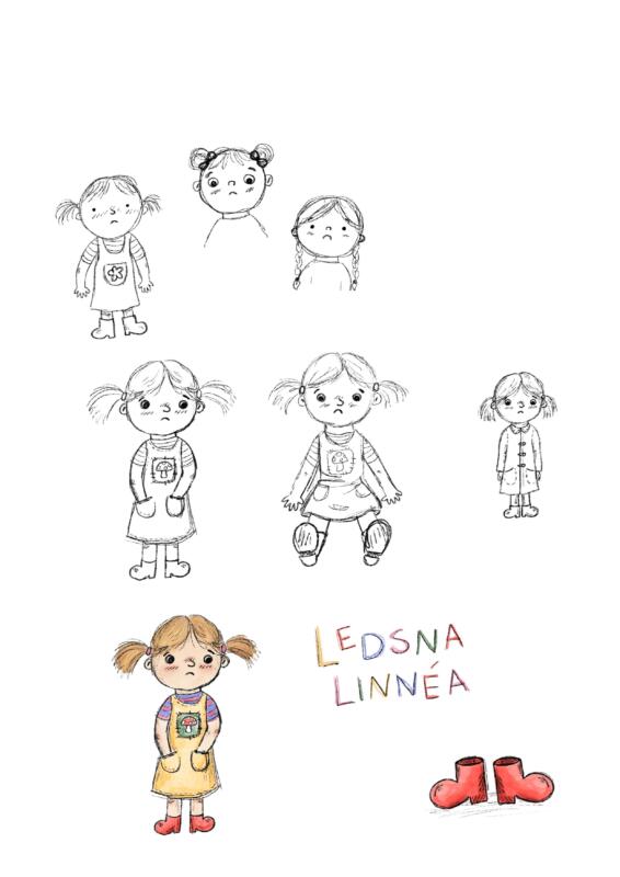 Skisser på hur karaktären Ledsna Linnéa skulle se ut 