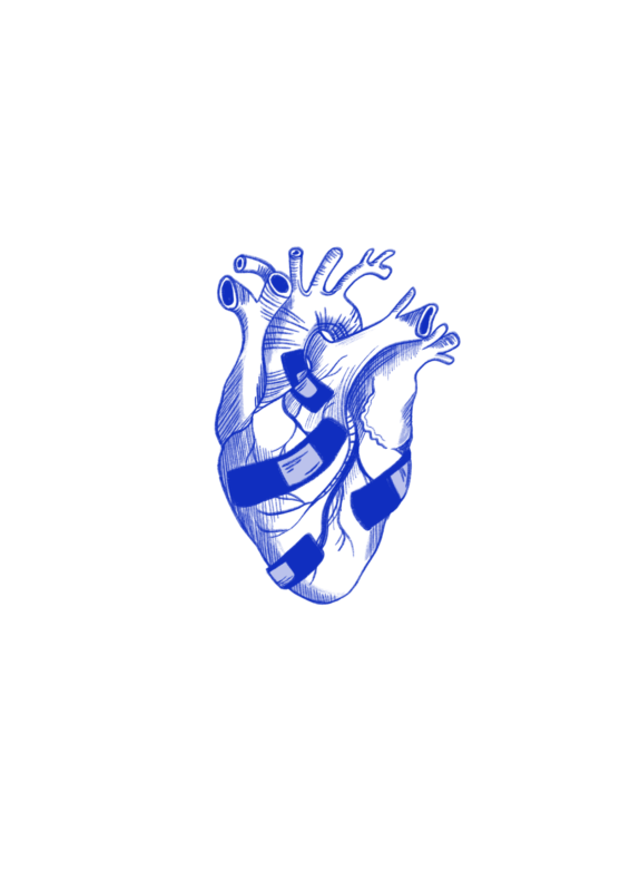 Blå, skissad illustration av ett hjärta, ur boken Hej då Stefan