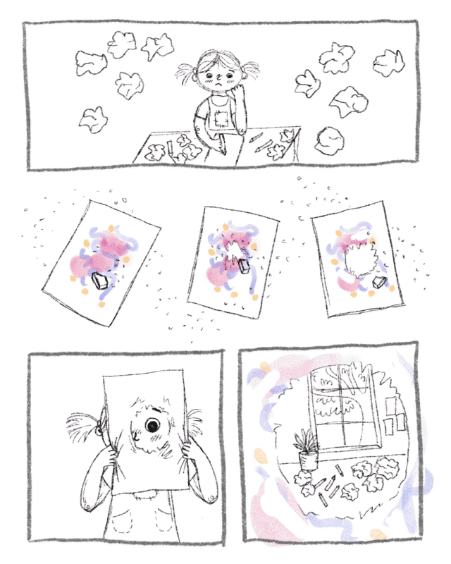 Skiss på ett kommande avsnitt av serien Ledsna Linnéa i barnslig stil