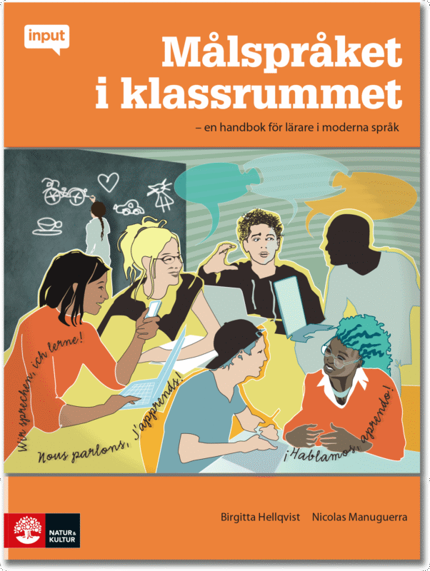 Omslagsillustration om att lära ut målspråket i klassrummet. Personer pratar och använder olika medier. kommunicerar med varandra sittandes vid ett bord.