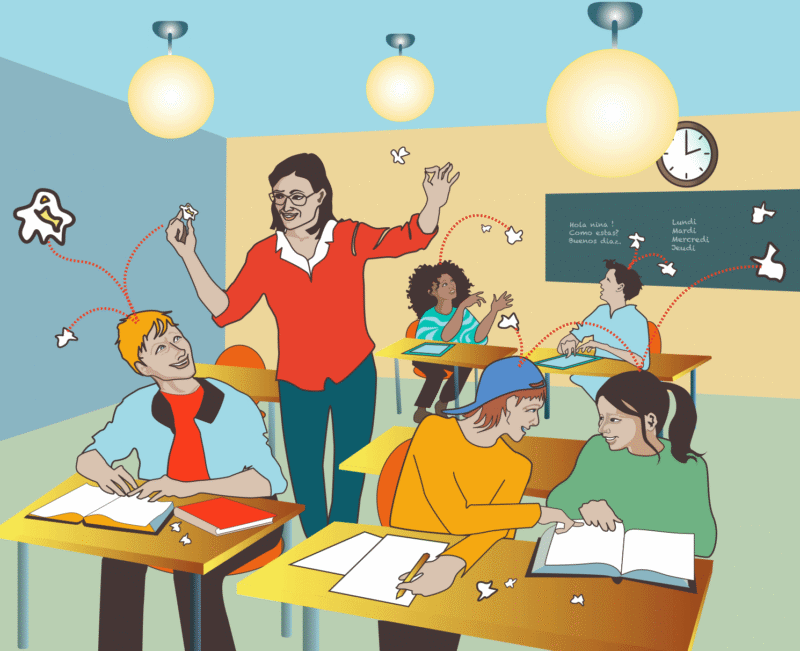 Lärande som poppar ur huvudet på elever, språkundervisning, pedagogik, undervisning, elever, lärare, klassrum, läromedel
