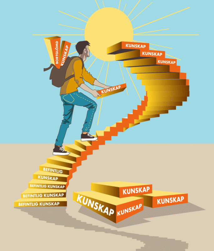 Ung man bär kunskap uppför en trappa. Han bygger en väg med hjälp av kunskap.
