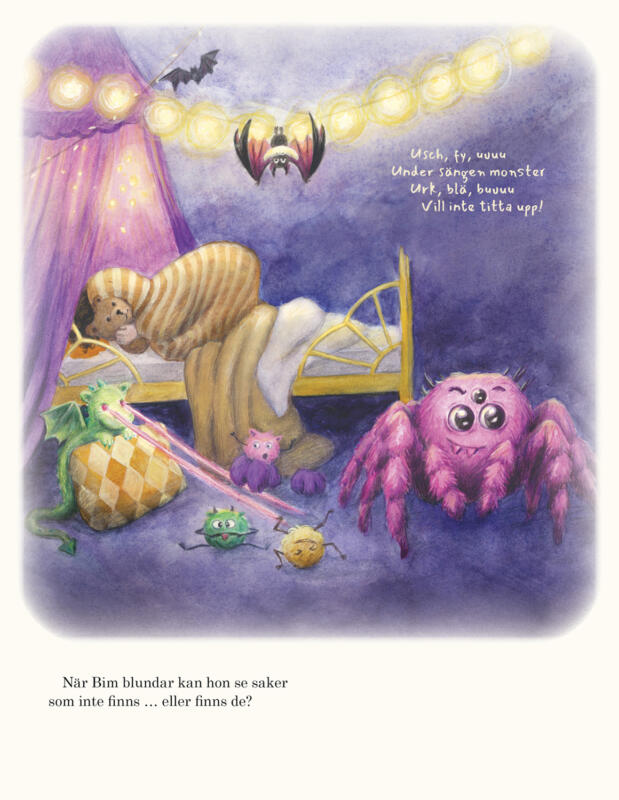 Illustration i akvarell från bilderboken Bim & Bus, en språkutvecklande bok för förskolan i samarbete med Teater Sagohuset. En flicka gömmer sig under täcket. I rummet syns söta, läskiga, färgglada monster.