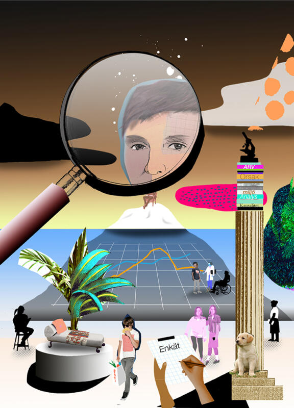 Kapitelbild som visar ett isberg med bara toppen synlig finns i bakgrunden. På toppen sitter en person. I förgrunden en pelare, en hund, ett tvillingpar och Freuds berömda schäslong. Med mera...