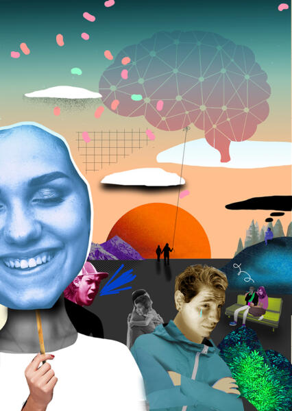 Ungdomar i olika känslolägen, en med mask, en med tårar, en är arg, en annan försöker trösta.