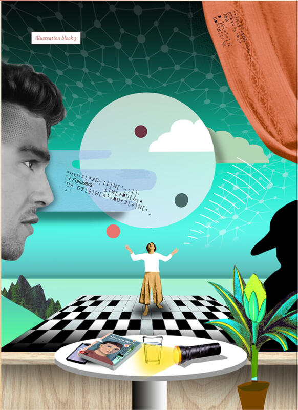 En person jonglerar på en schackrutig scen med tre bollar i luften. På ett bord framför ligger läromedlet ifråga, en telefon och en ficklampa spm lyser på ett halvfullt/tomt glas vatten.