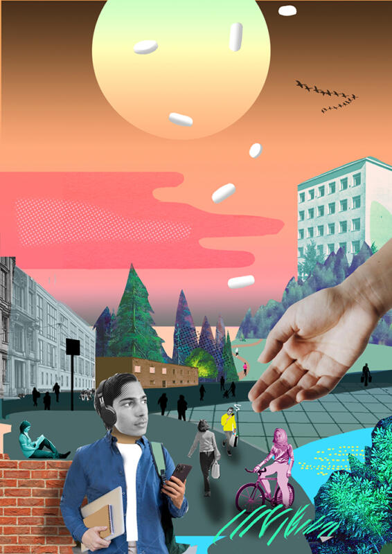 En kille med skolböcker och hörlurar står i förgrunden.  Ser upp till en utsträckt hand. Tabletter faller från himlen. En tjej i hijab på cykel. Byggnader i bakgrunden. Kanske en skola, och längre bort ett bostadshus.