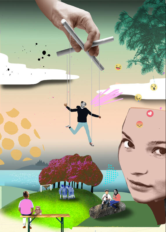 Kapitelbild till Socialpsykologi. En tjej i förgrunden. Ur hennes huvud strömmar smileys av olika slag. En liten kille i rosa tshirt sitter ensam på en bänk med en nalle. Tittar på ett fotbollslag som kramas. En ville hänger som en sprattelgubbe i luften med händer och fötter fast i trådar.