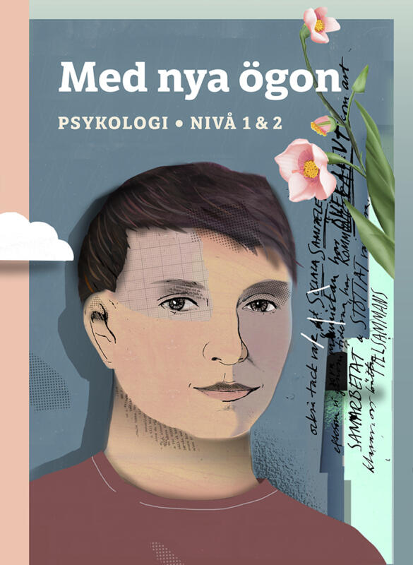 Omslaget till läromedlet. Porträtt på en tonåring. Androgynt utseende. Text finns på sidan, och även en blomma.