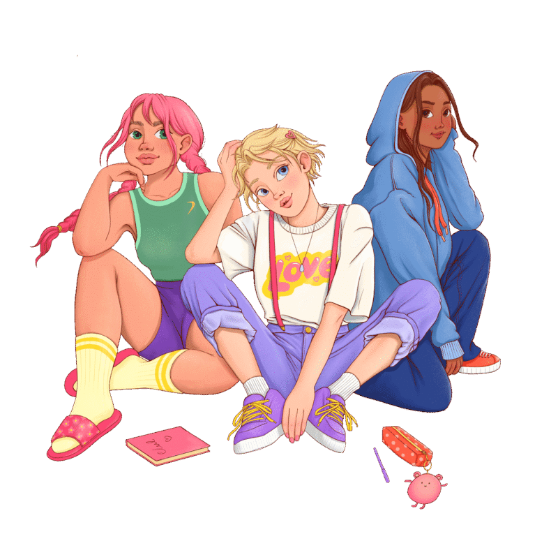 Hegas Förlag, bokomslag av Rebecka Porse Schalin som föreställer tre tjejer som poserar framför kameran i skolkorridoren.