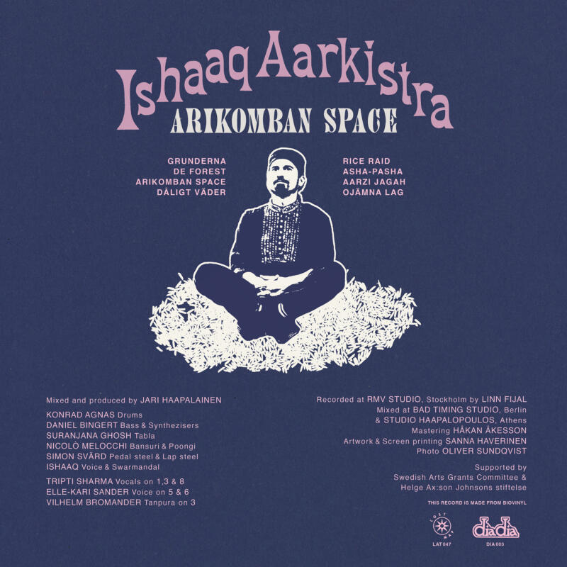 Baksida av det screentryckta LP-omslaget till Arikomban Space, utgiven 2026 av Dia-Dia/Lost Map Records.