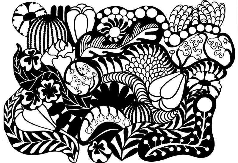 Handritad mönsterrapport i svart och vitt med blommor och grafiska element och mönster.