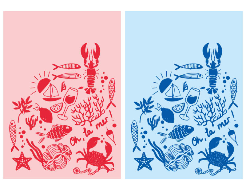 Maritima illustrationer i rosa och rött samt ljusblått och mörkblått. Motiv med handritade fiskar, krabbor, hummer, segelbåt, mussla, koraller, sjögräs, citron, vinglas, sol och texten Oh, la mer!