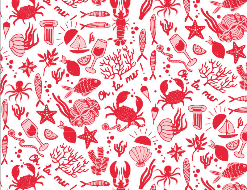 Maritimt mönster i rött och rosa. Snäckor, kräftdjur och fiskar.