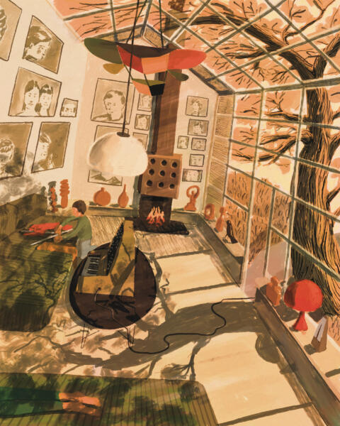 Interior illustration showing a living room with large windows in evening light. A large tree outside the window casts long shadows across the floor. 