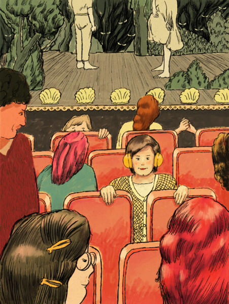 Colourful illustration of audience in theatre interior.