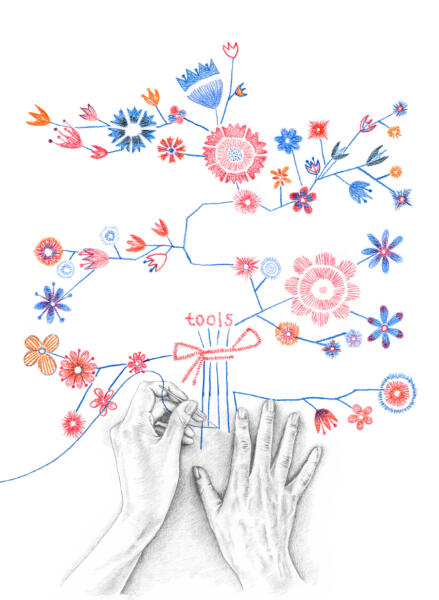 hands, tools, pencil, embroidery