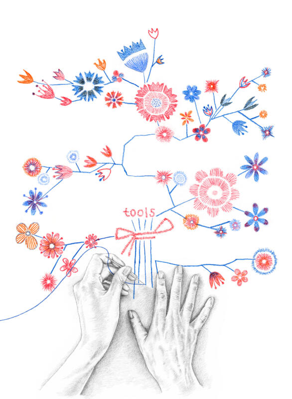 hands, tools, pencil, embroidery