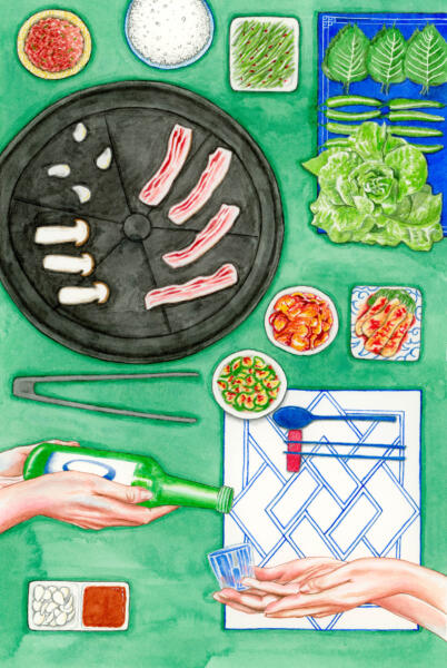 korean bbq, soju, hands