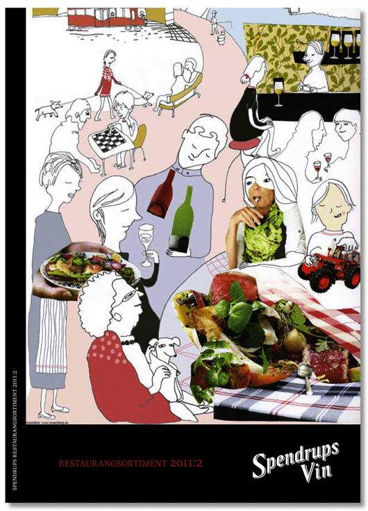 Collage av Eva Edberg, omslags illustration till Spendrups Vinkatalog och Ölkatalog. Folkliv på restaurang och bar.