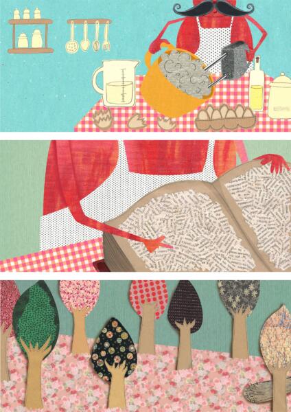 Children’s book collage illustration of a character reading a book, warm colors and textured handmade style