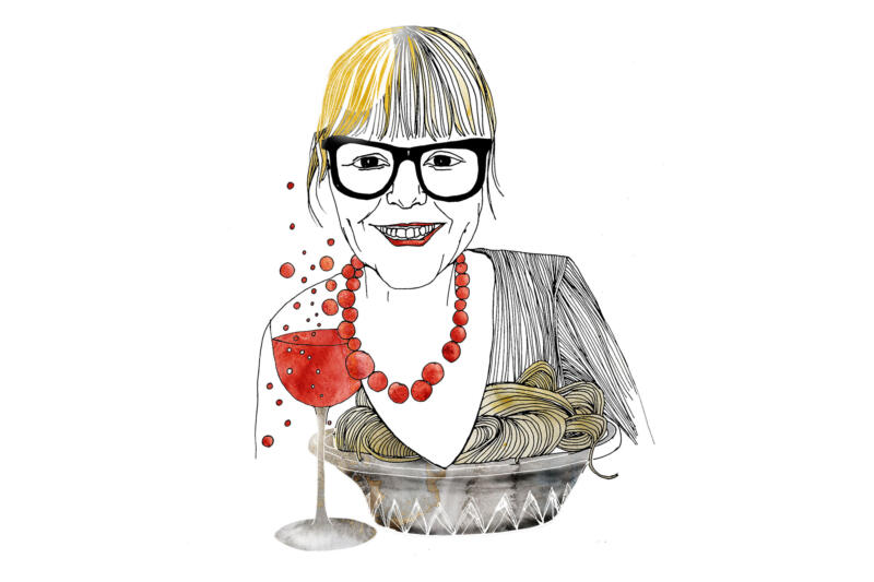 Illustration av en kvinna med glasögon med detaljer som mat och vin