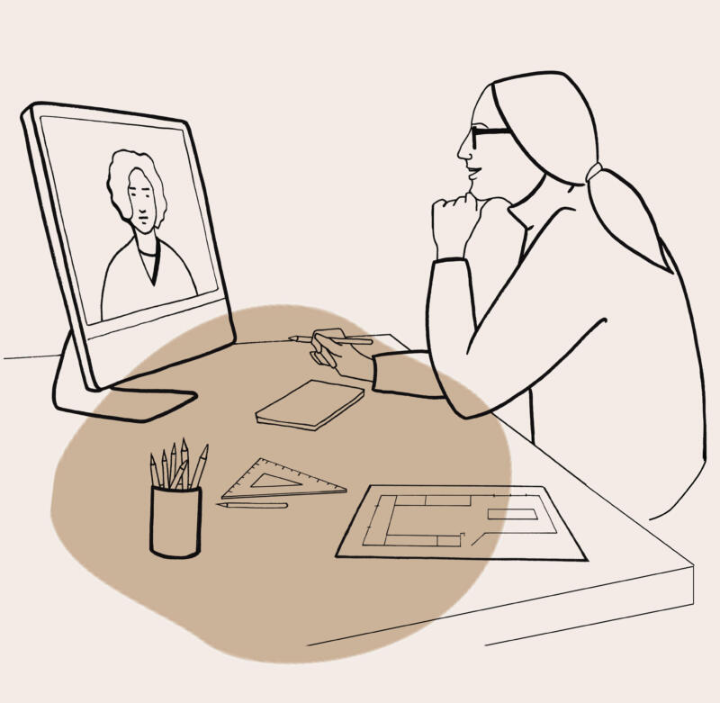 Linjeillustration med motivet kvinna vid dataskärm online planerar med en köksinredare