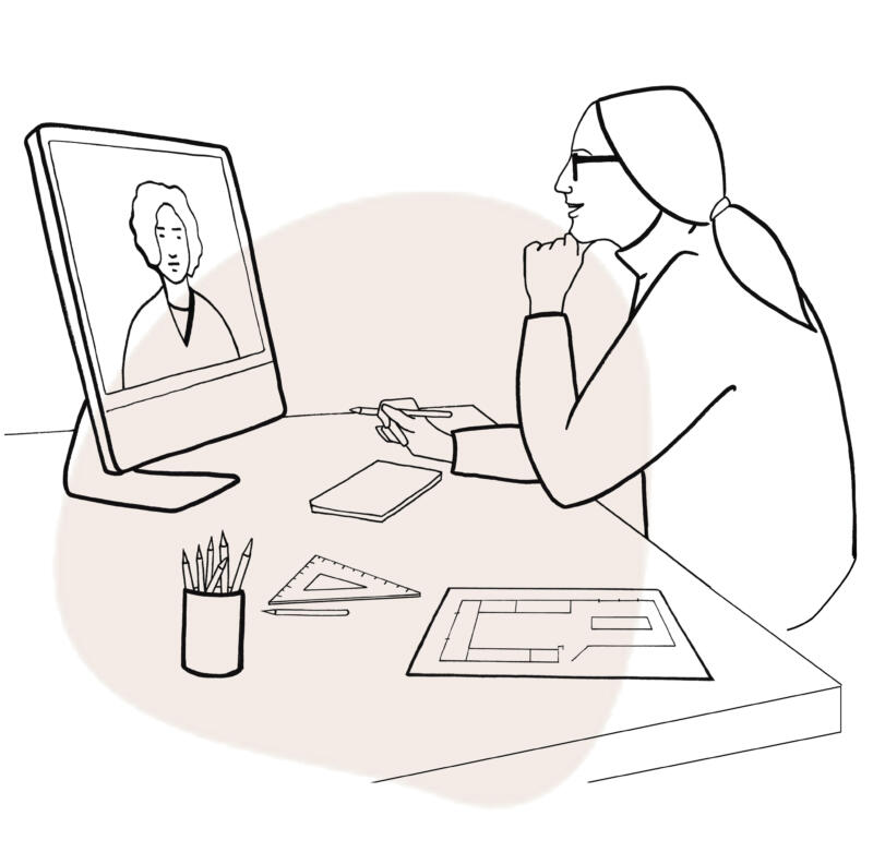 Linjeillustration med motivet kvinna vid dataskärm online planerar med en köksinredare