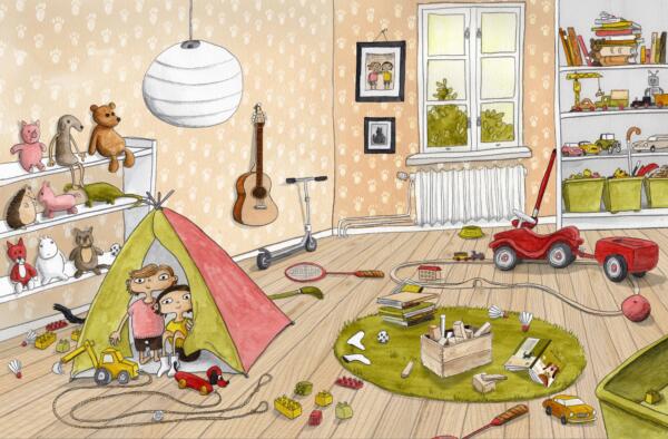 Två barn sitter i ett lektält i ett rum som är fullt med leksaker.