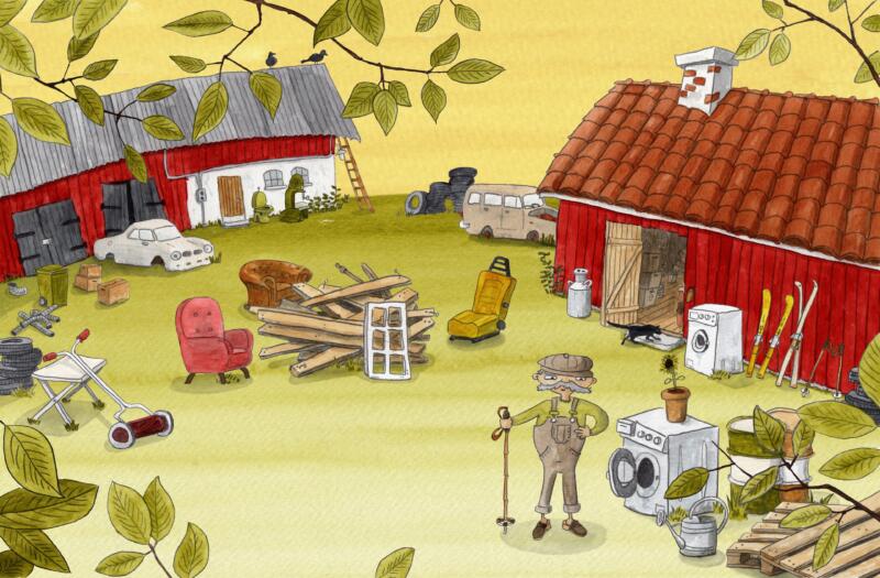 En äldre man står i sin trädgård som är full med gamla saker han sparat; skrotbilar, brädor, tvättmaskiner, oljefat och annat.