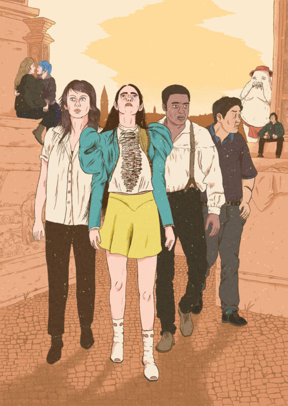 olika filmfigurer ur olika filmer strövar runt i en somrig stad. Vi ser figurer ur Poor Things, 12 years a slave, blå är den varmaste färgen, Anna Odell (regissören och konstnären), Parasit, No country for old men och spirited away. Några håller i prispokaler från olika festivaler.