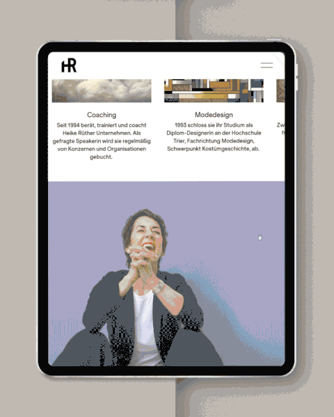 GIF som visar Heike Rüters visuella identitet: webbplats, visitkort, presentationsmaterial och lekfullt foto.