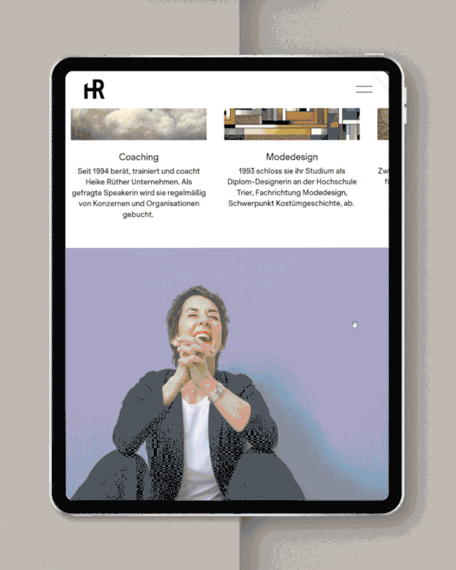 GIF som visar Heike Rüters visuella identitet: webbplats, visitkort, presentationsmaterial och lekfullt foto.