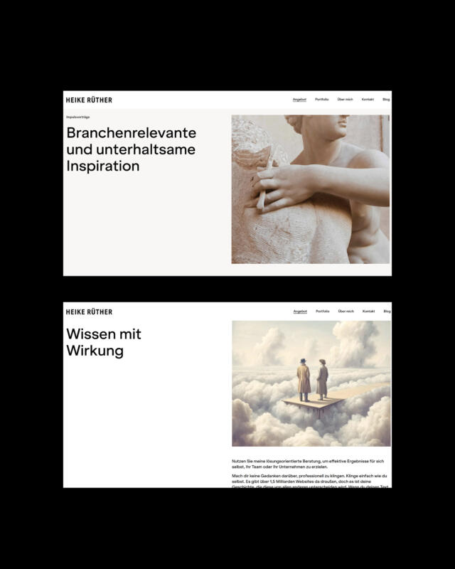 Skärmbilder från Heike Rüthers webbplats som visar workshops och tjänster