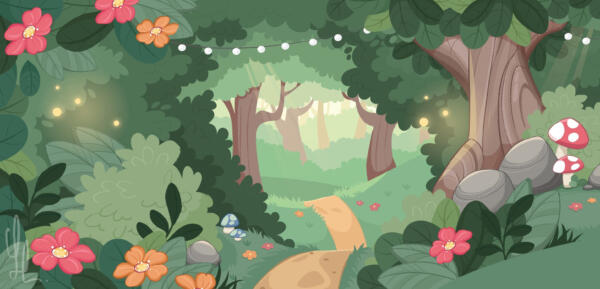 En lummig och grön skog med magiska element och växter som gör den lekfull och magisk. Blommor, blad, svampar och små hus väcker fantasi och glädje. En stig leder in i skogen, vart hamnar man? Bredoria, ett koncept av True Stories.