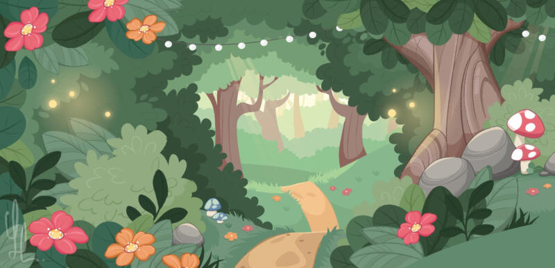 En lummig och grön skog med magiska element och växter som gör den lekfull och magisk. Blommor, blad, svampar och små hus väcker fantasi och glädje. En stig leder in i skogen, vart hamnar man? Bredoria, ett koncept av True Stories.