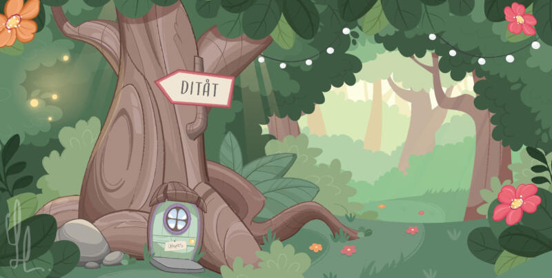 En lummig och grön skog med magiska element och växter som gör den lekfull och magisk. Blommor, blad, svampar och små hus väcker fantasi och glädje. Man ser en dörr i trädstammen, vem bor där? Bredoria, ett koncept av True Stories.