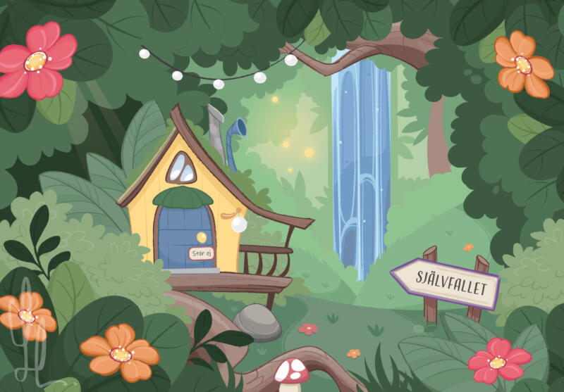 En lummig och grön skog med magiska element och växter som gör den lekfull och magisk. Blommor, blad, svampar och små hus väcker fantasi och glädje.  Man ser ett vattenfall i bakgrunden. Bredoria, ett koncept av True Stories.
